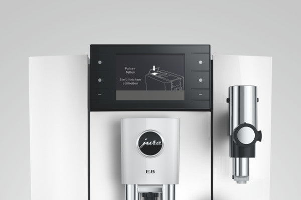 JURA E8 Piano White Kaffeevollautomat mit Farbdisplay und Tassenbeleuchtung