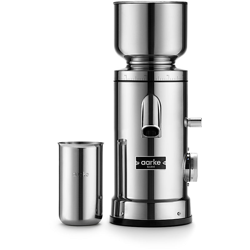Aarke Kaffeemühle aus Edelstahl mit konischem Mahlwerk und Glasbehälter