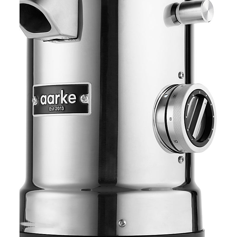 Aarke Kaffeemühle aus Edelstahl mit konischem Mahlwerk und Glasbehälter