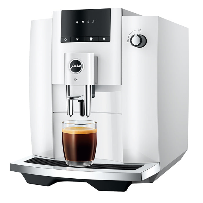 Jura E4 Piano White Kaffeevollautomat mit höhenverstellbarem Auslauf und Symbol-Display