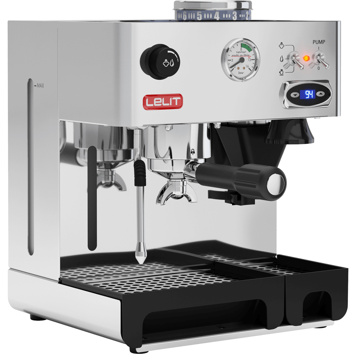 Lelit Anita PL042TEMD Siebträgermaschine mit integriertem Kegelmahlwerk in Edelstahl